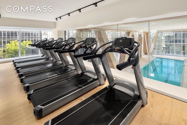 exercise room featuring plenty of natural light and wood finished floors