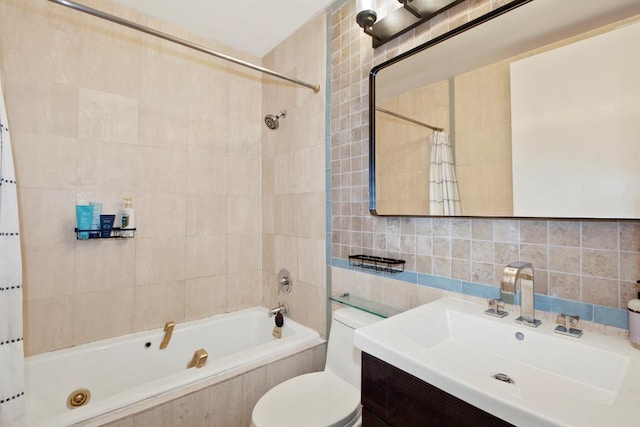 full bathroom with toilet, shower / bath combo, tasteful backsplash, tile walls, and vanity