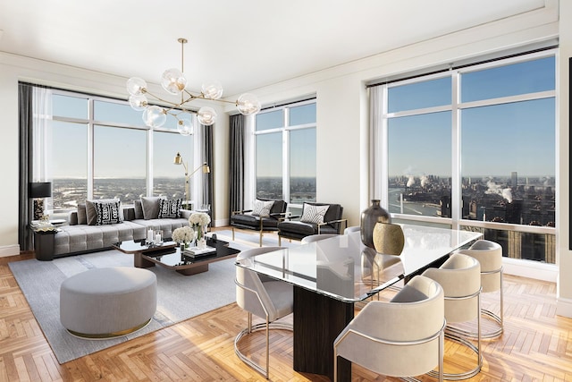 dining room featuring a view of city and a notable chandelier