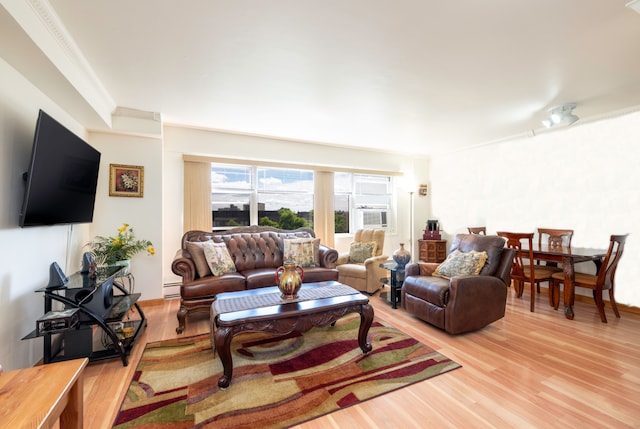 living room featuring a baseboard radiator, crown molding, and light wood-style flooring