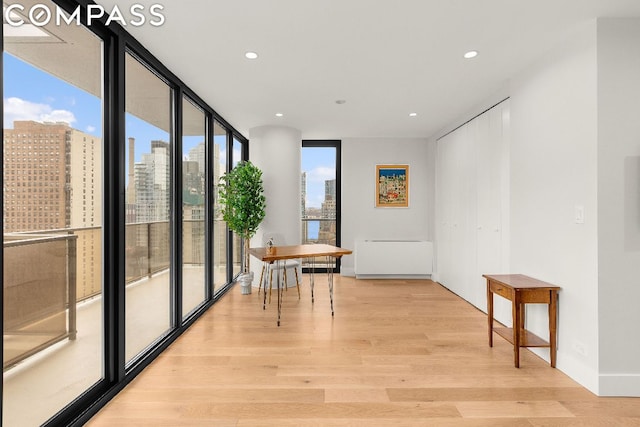 corridor featuring light hardwood / wood-style floors and floor to ceiling windows