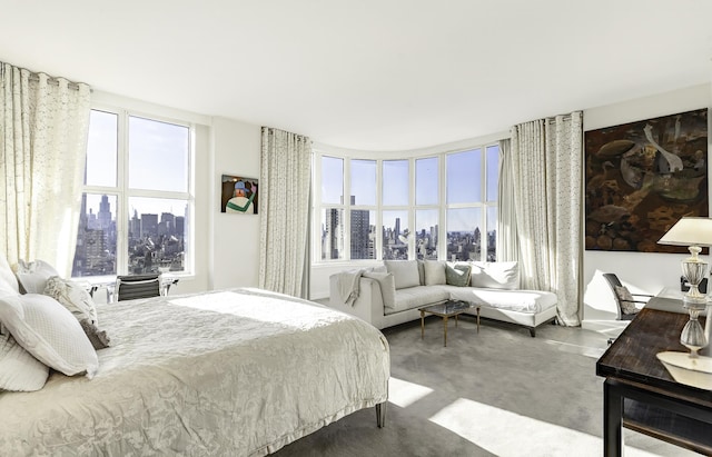 carpeted bedroom featuring a skyline view