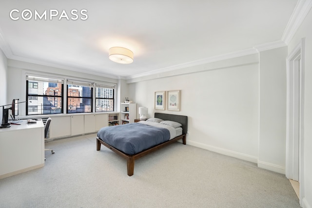 bedroom featuring light carpet, baseboards, and ornamental molding