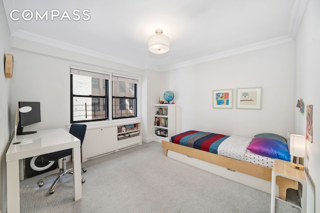 carpeted bedroom with crown molding