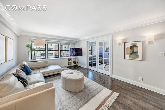 living room with crown molding, dark wood-type flooring, baseboards, and french doors