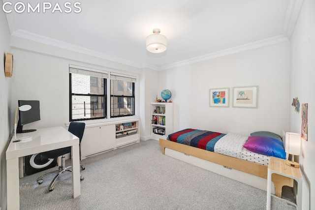 bedroom featuring ornamental molding and carpet flooring