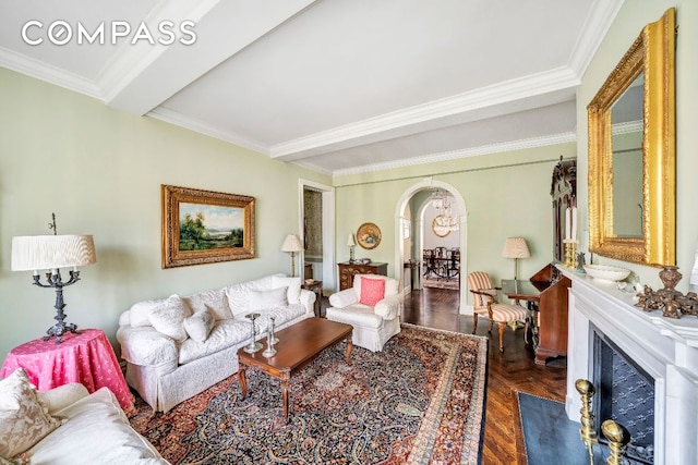 living room with crown molding and dark wood-type flooring