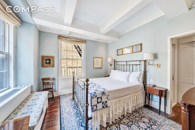 bedroom with dark hardwood / wood-style floors, ornamental molding, beam ceiling, and coffered ceiling