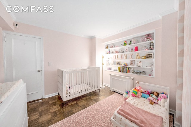 bedroom featuring ornamental molding, dark parquet flooring, radiator, and a crib