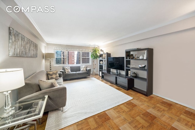 living room with parquet floors and ornamental molding