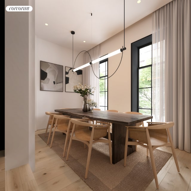 dining space with light hardwood / wood-style floors