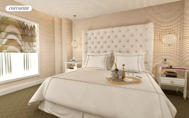 bedroom featuring baseboards, visible vents, and wallpapered walls