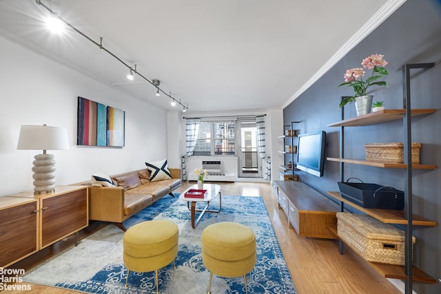 living room with heating unit, crown molding, track lighting, and light hardwood / wood-style floors