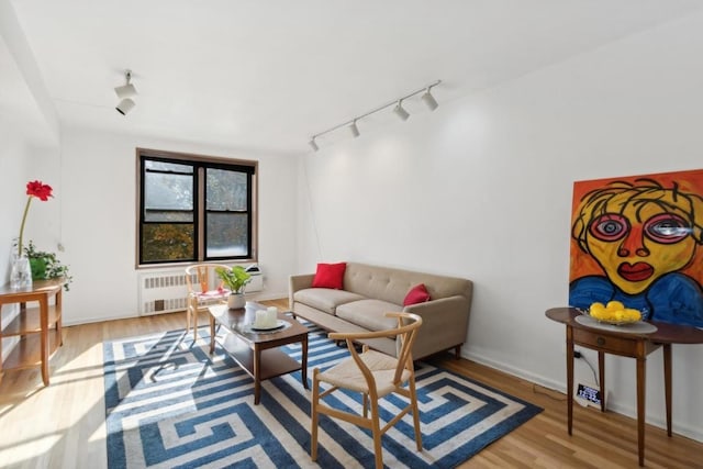 living room with radiator heating unit, light hardwood / wood-style flooring, and track lighting