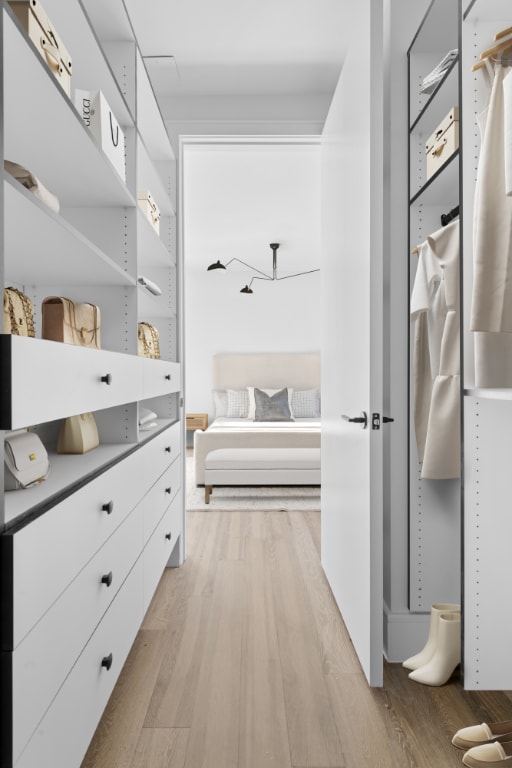 spacious closet featuring light hardwood / wood-style floors