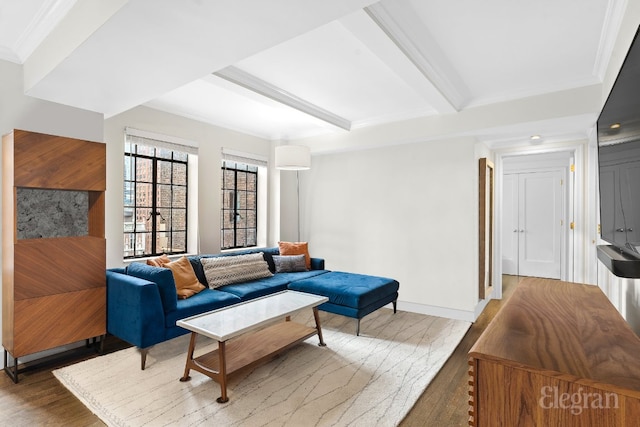 living room featuring crown molding, wood-type flooring, and beamed ceiling