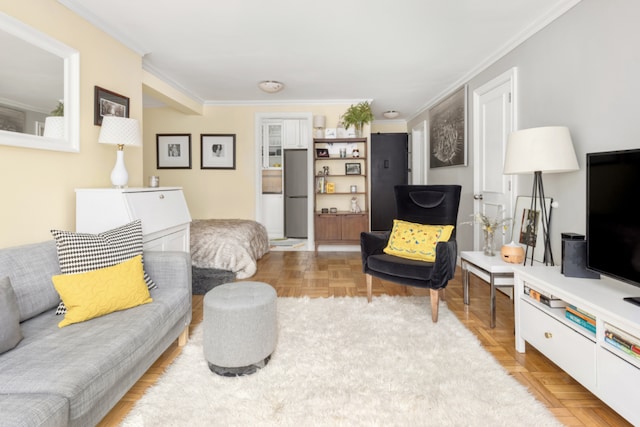 living room with light parquet floors and ornamental molding