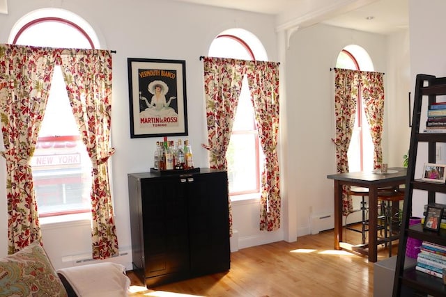 living area with a baseboard radiator and wood finished floors