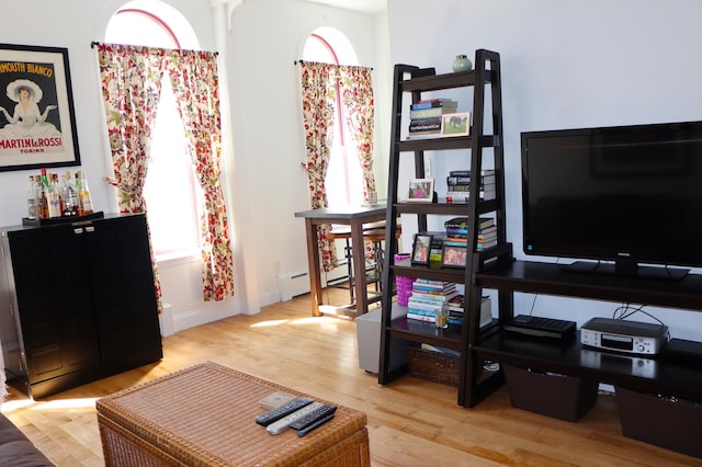 living area featuring baseboard heating, baseboards, and wood finished floors