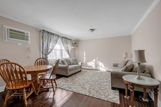 268-33 82nd Ave Unit 276-A, New York City, NY 11040 - living area featuring ornamental molding, hardwood / wood-style floors, a wall unit AC, and baseboards