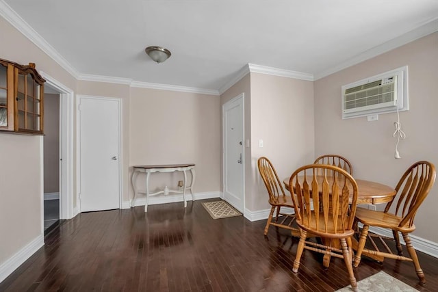 dining room with baseboards, ornamental molding, dark wood-type flooring, and a wall mounted AC