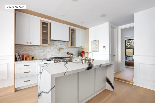 kitchen featuring light wood-type flooring, light stone counters, white cabinetry, and a center island with sink