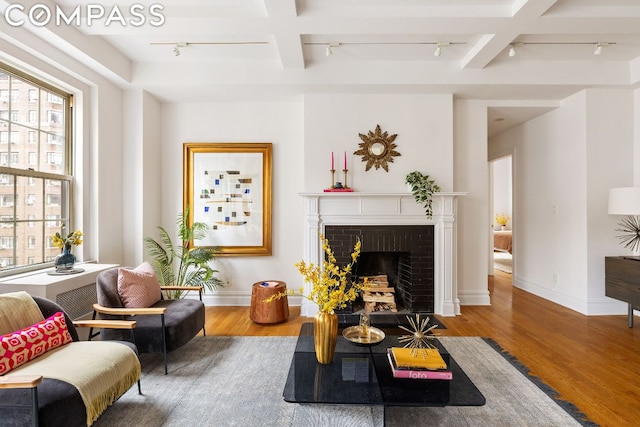 living area with hardwood / wood-style flooring, rail lighting, beam ceiling, and a fireplace