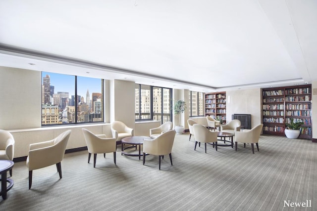 living area featuring carpet and a city view