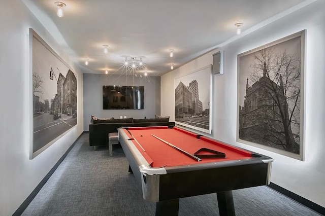 game room with pool table, baseboards, and carpet