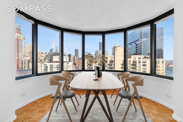 dining space featuring a textured ceiling, plenty of natural light, and parquet flooring