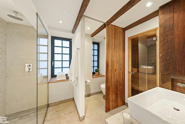 bathroom featuring vanity, recessed lighting, tile patterned flooring, a walk in shower, and toilet