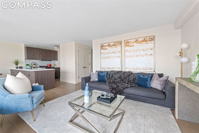 living room featuring light hardwood / wood-style floors and sink