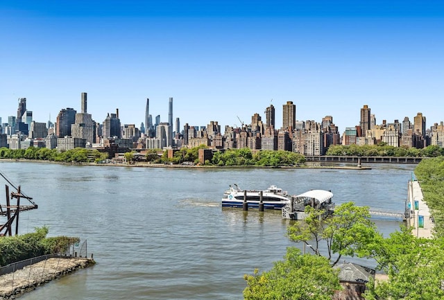 water view with a boat dock and a view of city