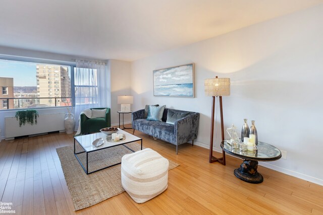 bedroom with radiator and hardwood / wood-style floors