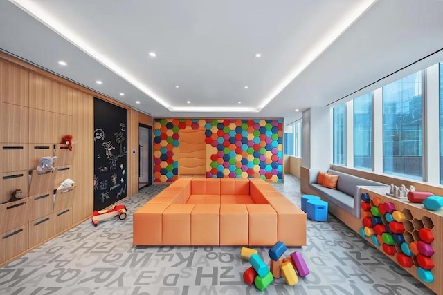 recreation room featuring a raised ceiling and light colored carpet