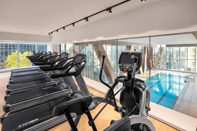 workout area with light wood-type flooring and rail lighting