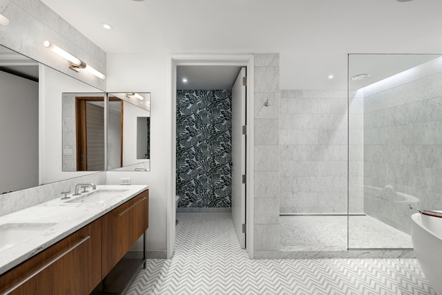 90 Furman St Unit N210, New York City, NY 11201 - bathroom featuring double vanity, a freestanding tub, walk in shower, and recessed lighting