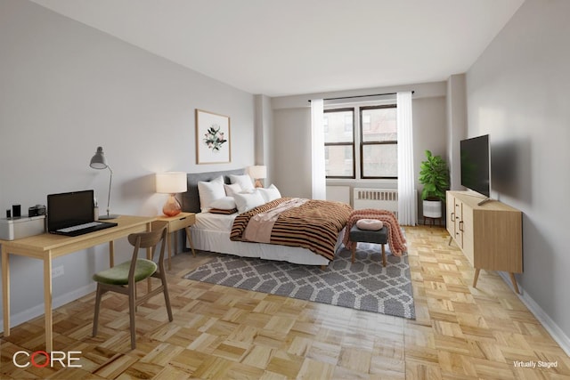 bedroom with radiator and light parquet floors