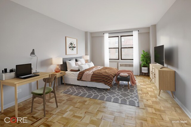 bedroom with radiator and light parquet floors