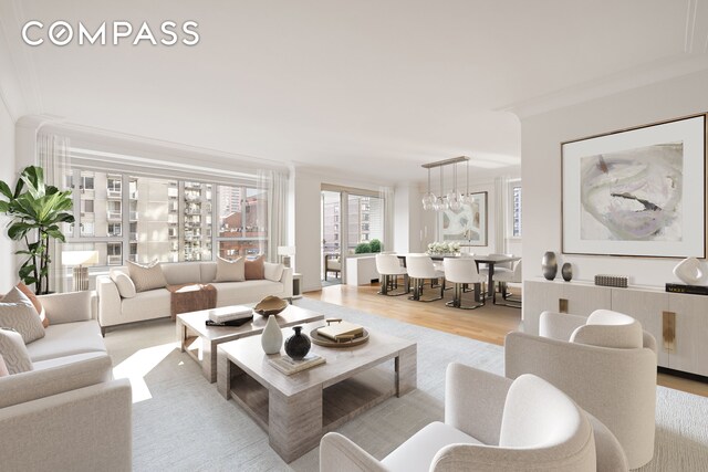 200 E 66th St Unit D1203, New York City, NY 10065 - living room featuring an inviting chandelier and wood finished floors