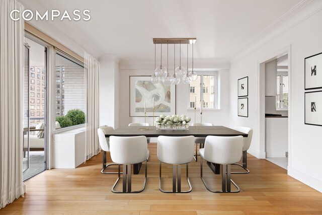 dining area with crown molding and light wood-type flooring