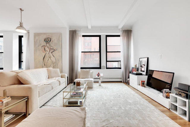 living area featuring a baseboard heating unit, beam ceiling, and wood finished floors