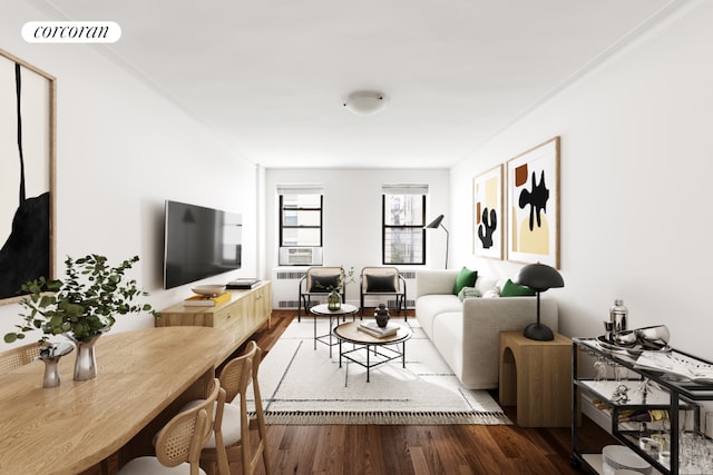 living room with wood-type flooring and radiator heating unit