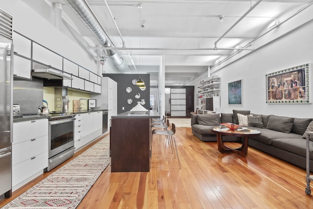 kitchen with white cabinets, light wood-type flooring, stainless steel range with electric cooktop, and a kitchen island