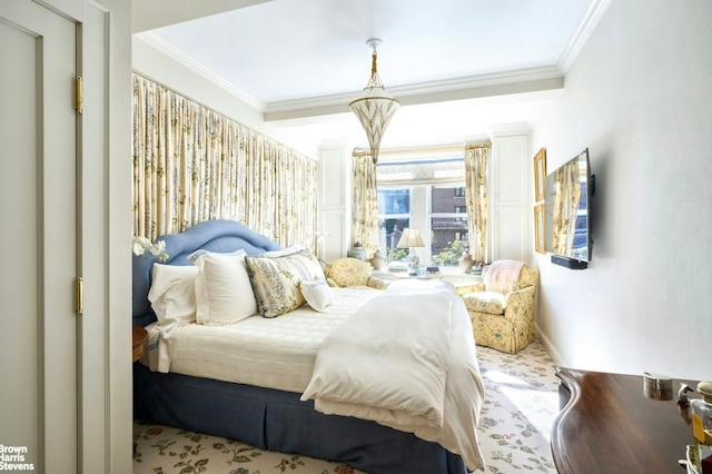 bedroom with a notable chandelier, crown molding, and baseboards