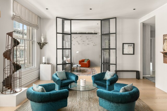 living room featuring a fireplace and wood-type flooring