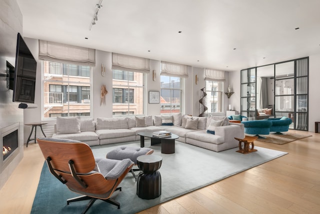 living area with a large fireplace, rail lighting, and wood finished floors