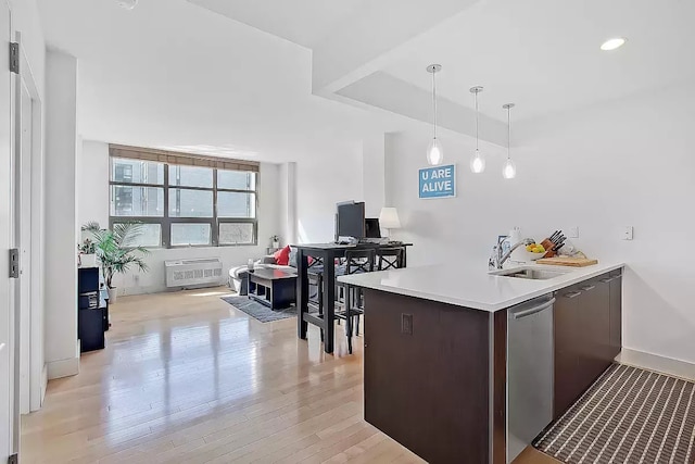 kitchen with decorative light fixtures, light wood-type flooring, dark brown cabinets, stainless steel dishwasher, and sink