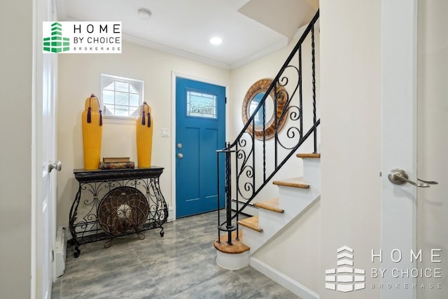 entryway featuring ornamental molding and a baseboard radiator