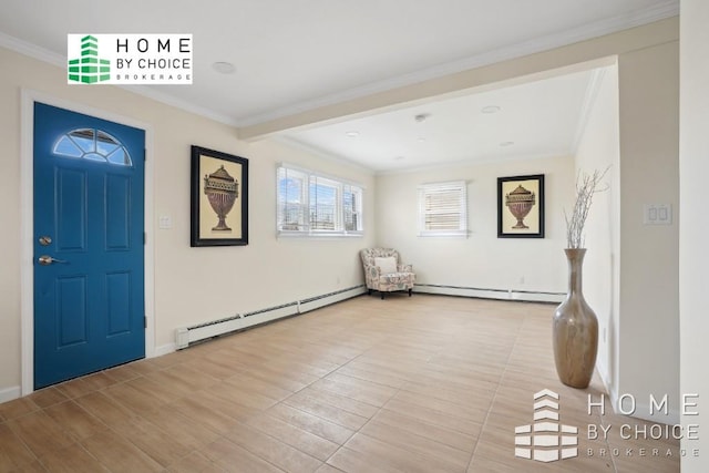 foyer entrance featuring a baseboard heating unit, ornamental molding, and hardwood / wood-style flooring